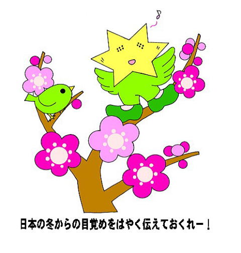 ムツボシ君が梅の木にとまっている画像〜日本の冬から目覚めをはやく伝えておくれ